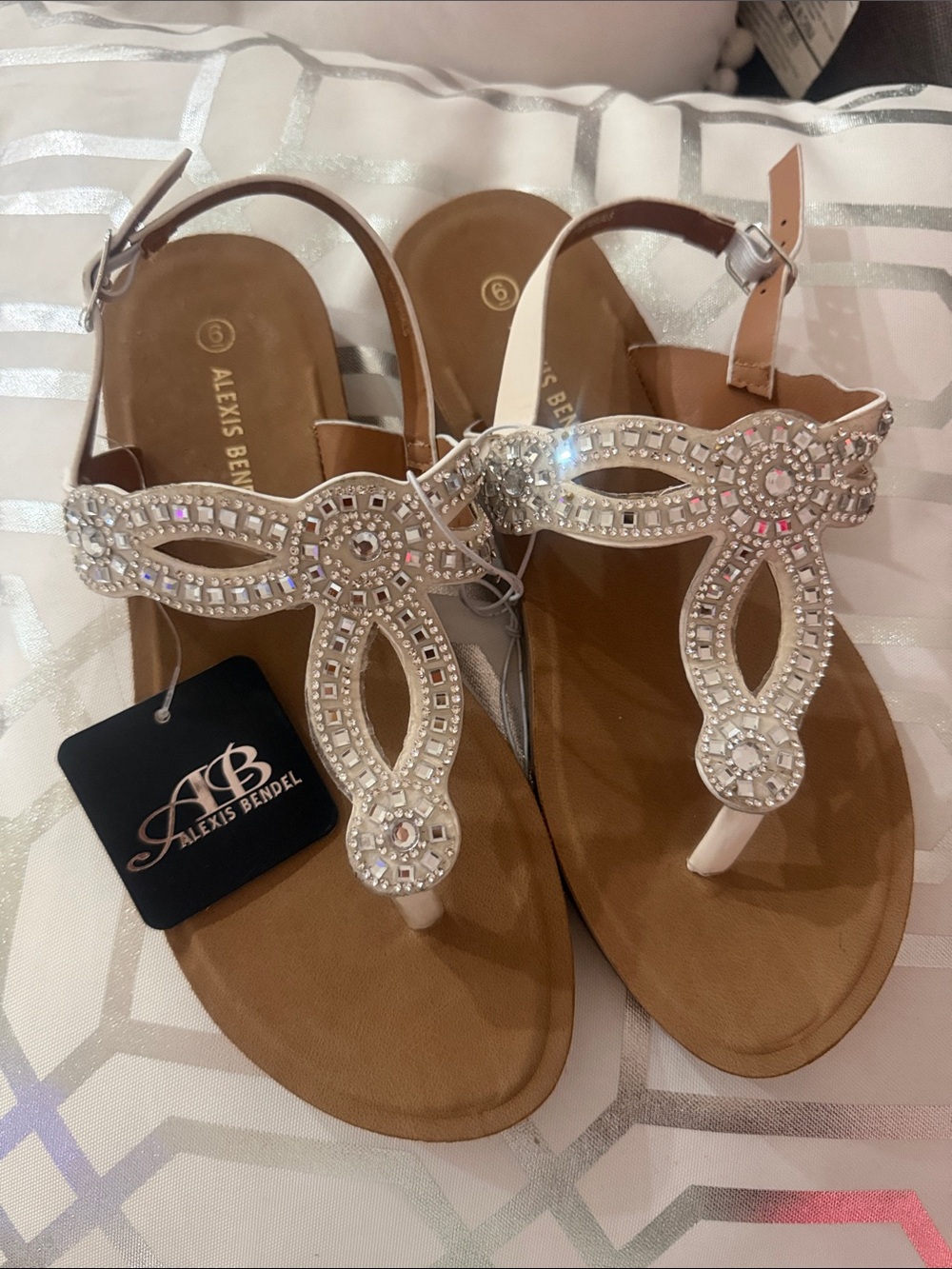 Women's Embellished White T-Strap Sandals
